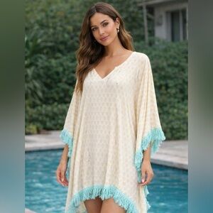 NEW! RAGA Boho Swim Cover Up Tassels Yellow Blue SZ L